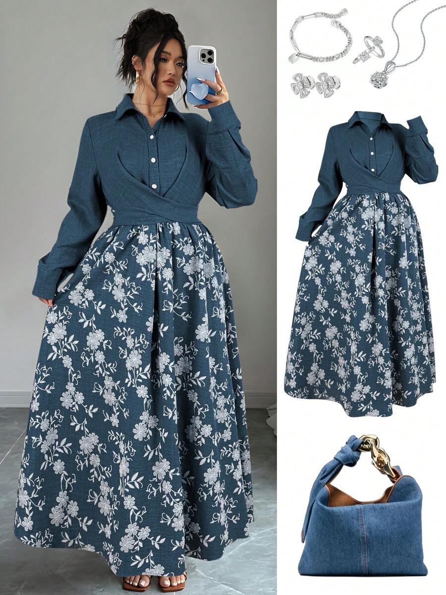 SHEIN Elenzya 大码女式法式休闲优雅刺绣花卉印花长袖连衣裙，秋冬款 - 藏蓝色 - 查看 1