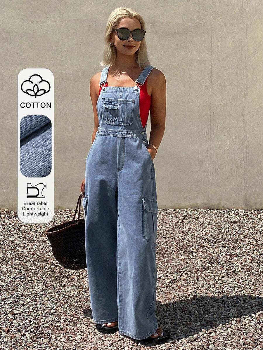 Quần yếm denim dáng rộng bằng cotton dành cho nữ, thích hợp cho mùa xuân và mùa hè. - Rửa tối - Xem 1