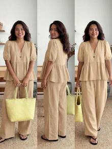 Enliva Plus-Size Women's Ruffled Puff Sleeve Two Pieces Set, V-Neck Cardigan Top And Stretch Waist Trousers Set - Khaki - View 3