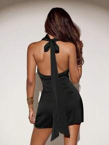 SHEIN ICON Elegant Backless Long Tie Neck Mini Dress - Black - View 2