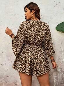 SHEIN VCAY Plus Size Holiday Leopard Print Batwing Sleeve Ruffle Hem Tie Waist Jumpsuit, Mother's Day Gift, Easter Outfit, Women's Vacation Wear, Women's Concert Outfit - Brown - View 3