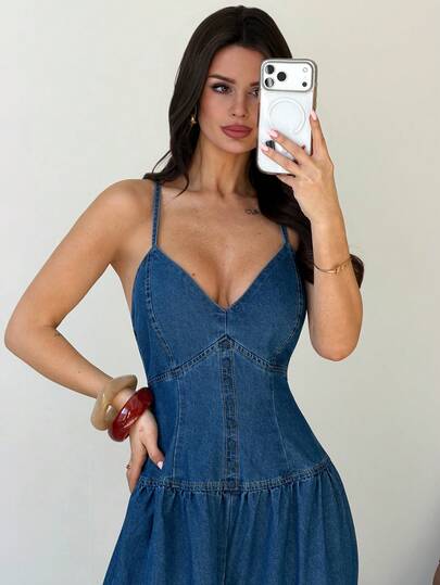 Firerie Bộ jumpsuit denim hai dây hở lưng gợi cảm dành cho nữ, thích hợp cho mùa hè.