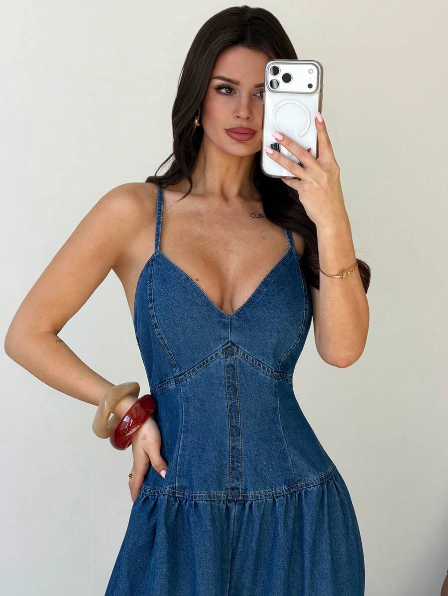 Firerie Bộ jumpsuit denim hai dây hở lưng gợi cảm dành cho nữ, thích hợp cho mùa hè. - Màu xanh lam - Xem 1