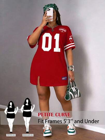 SHEIN PETITE CURVE Plus Size Women's Summer Vacation Casual Pink Side Slit Drop Shoulder Short Sleeve Dress, Street Style, Suitable For Summer, Daily Commute, Dating, Party, Christmas, New Year, Thanksgiving, Party, Wedding, Beach, Graduation Ceremony, Fashion, Elegant, Casual, Outing, Dating, Reservation, Commuting, Shiny, Valentine's Day, Elegant, Vacation, Casual, Y2K, Outing, Graduation Ceremony And Other Occasions.Red Dress