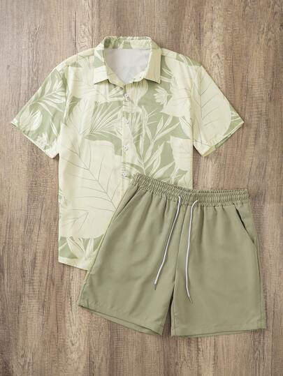 Manfinity Joysei Áo sơ mi tay ngắn in hình cây nhiệt đới và quần short đi biển cho nam Quần bơi nam Trang phục đi nghỉ cho nam, Hawaii