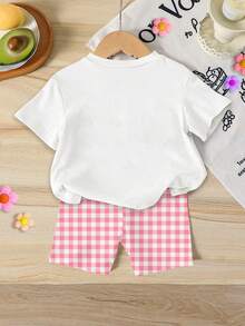 SHEIN Playful Pals 一套女婴甜美柠檬水果字母印花度假风短袖圆领T恤和撞色格子短裤套装，适合春夏穿着 - 彩色 - 查看 2