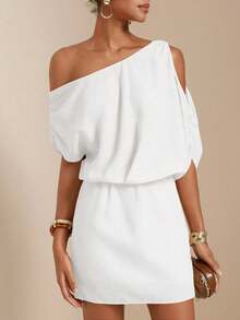 Vesra Vestido de mujer con decoración de hebilla metálica, diseño de hombro oblicuo y fruncido, tela de lino sintético - Blanco marfil - Ver 1