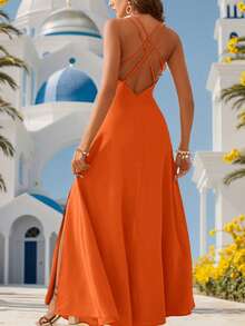 Vivid Eden Holiday Style Burnt Orange High Split Women's Maxi Dress Country Concert Holiday Vacation Outfit Summer Elegant Topical,Dresses For Women Summer - Burnt Orange - View 2