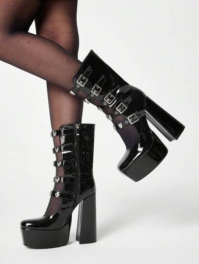 ROMWE Goth Giày bốt cao gót chống thấm nước, thoáng mát dành cho công sở, đế dày, dành cho nữ.