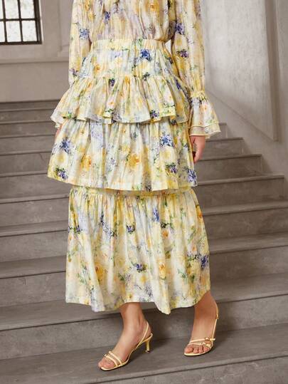 VOLUPTÉ CURVE Plus Size Spring/Summer Yellow Purple Floral Print Watercolor Tulle Fabric High-Waist Elastic Waist Ruffle Ankle-Length French Romantic Plus Size  For Vacation, Wedding Guest