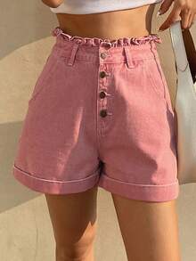 Spring & Summer Casual Frill Trim Pink Cotton Women's Denim Shorts - Pink - View 6