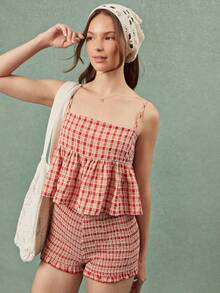 WESTFADE Conjunto a juego de top de tirantes con cuello cuadrado y volantes en estilo peplum a cuadros escoceses, y shorts ajustados con dobladillo de volantes fruncidos - Rojo - Ver 7