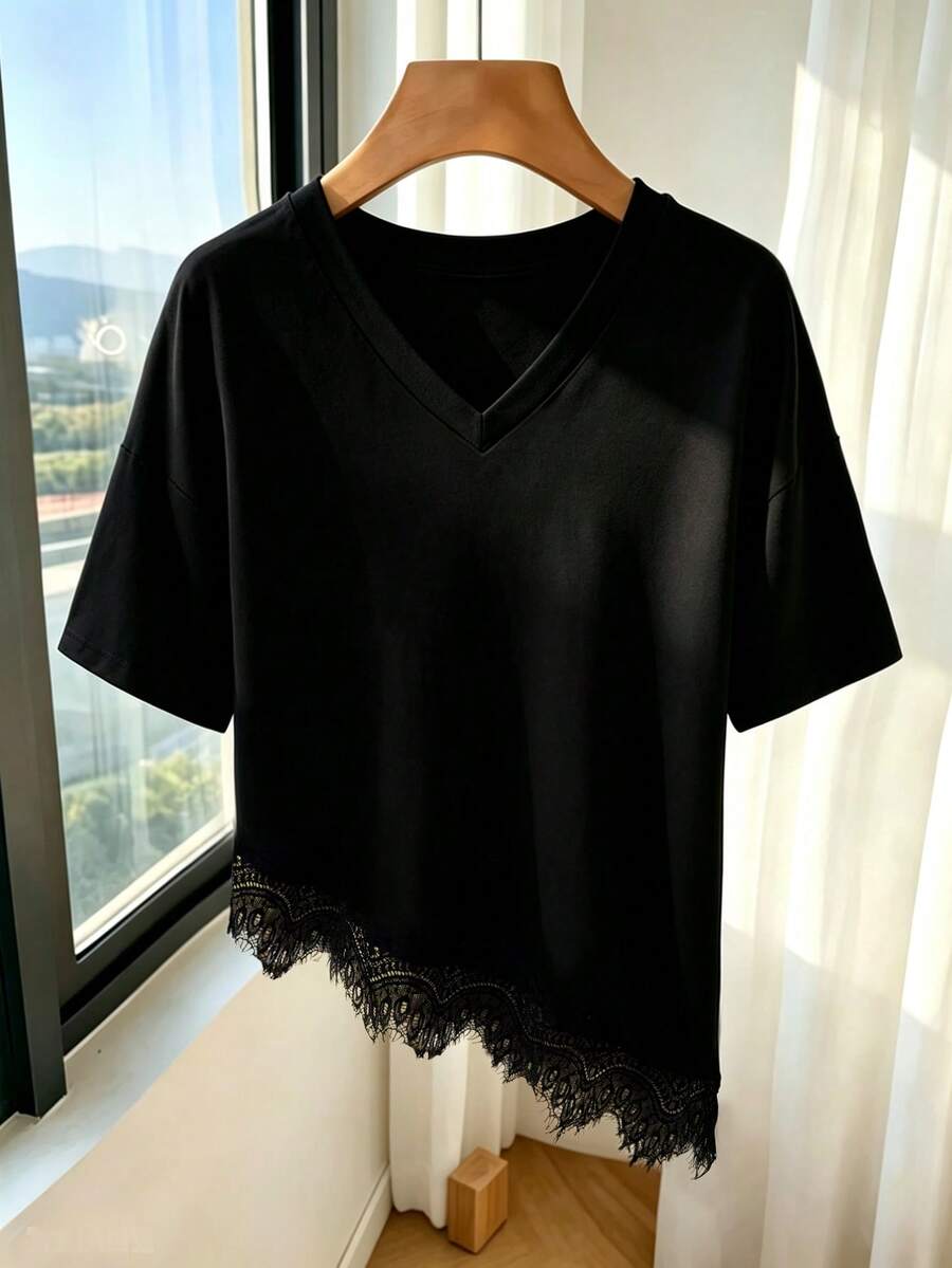 Franclia 新款春夏圆领短袖荷叶边下摆黑色T恤 - 黑色 - 查看 1