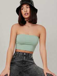 SHEIN BASICS 夏季女士休闲纯色露脐抹胸上衣 - 綠色 - 查看 1