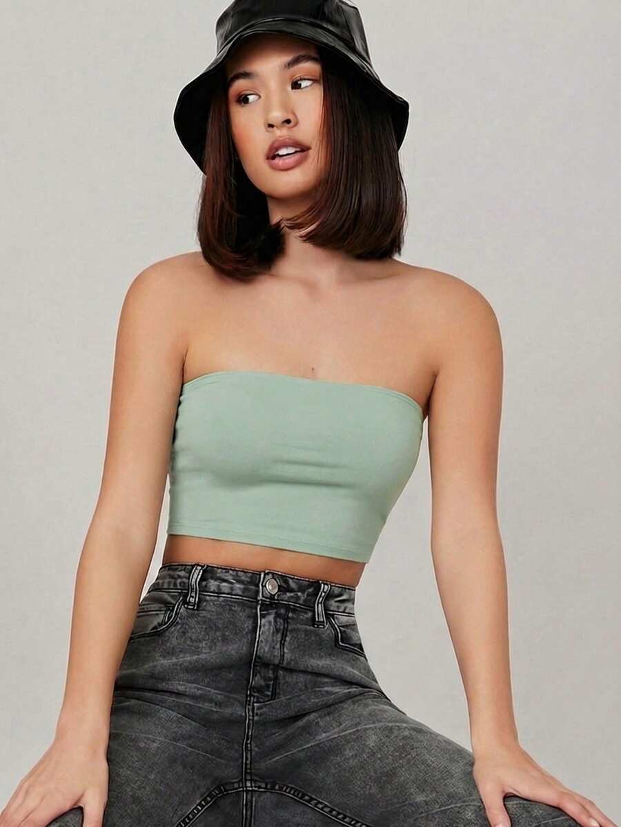 SHEIN BASICS 夏季女士休闲纯色露脐抹胸上衣 - 綠色 - 查看 1