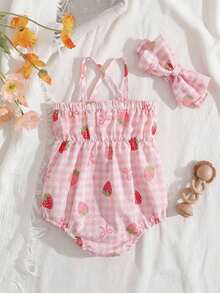 SHEIN Vintaside Kids 2件套女婴时尚可爱条纹露肩连体衣和发带套装，夏季派对 - 粉色 - 查看 2