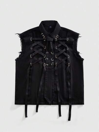 ROMWE MEN Street Life Chaleco vaquero con correas góticas para hombre