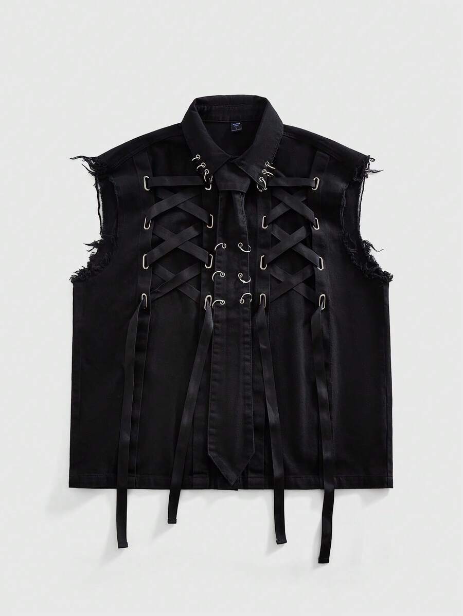 ROMWE MEN Street Life Áo vest denim dây đeo kiểu Gothic dành cho nam - màu đen - Xem 1