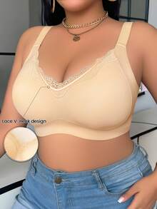 Plus Size Wireless Lace Bra With Lift And Side Support, Adjustable Shoulder Straps, Comfortable Daily Wear, Minimalist Design Wedding. - Apricot - View 5