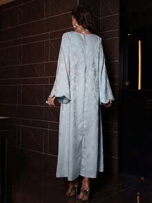Al Najma Áo Abaya Thổ Nhĩ Kỳ và áo choàng truyền thống Ả Rập tay dài màu hồng dệt jacquard đính hạt cườm sang trọng dành cho nữ mùa xuân/hè. - Màu xanh lam - Xem 2