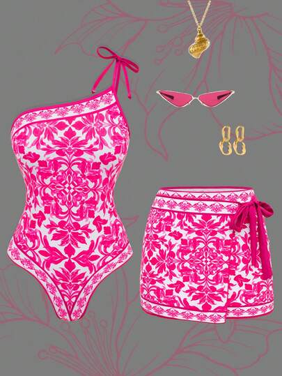 Swim Oasis 2026新款性感连体泳衣女款，涤纶印花度假沙滩裙两件套