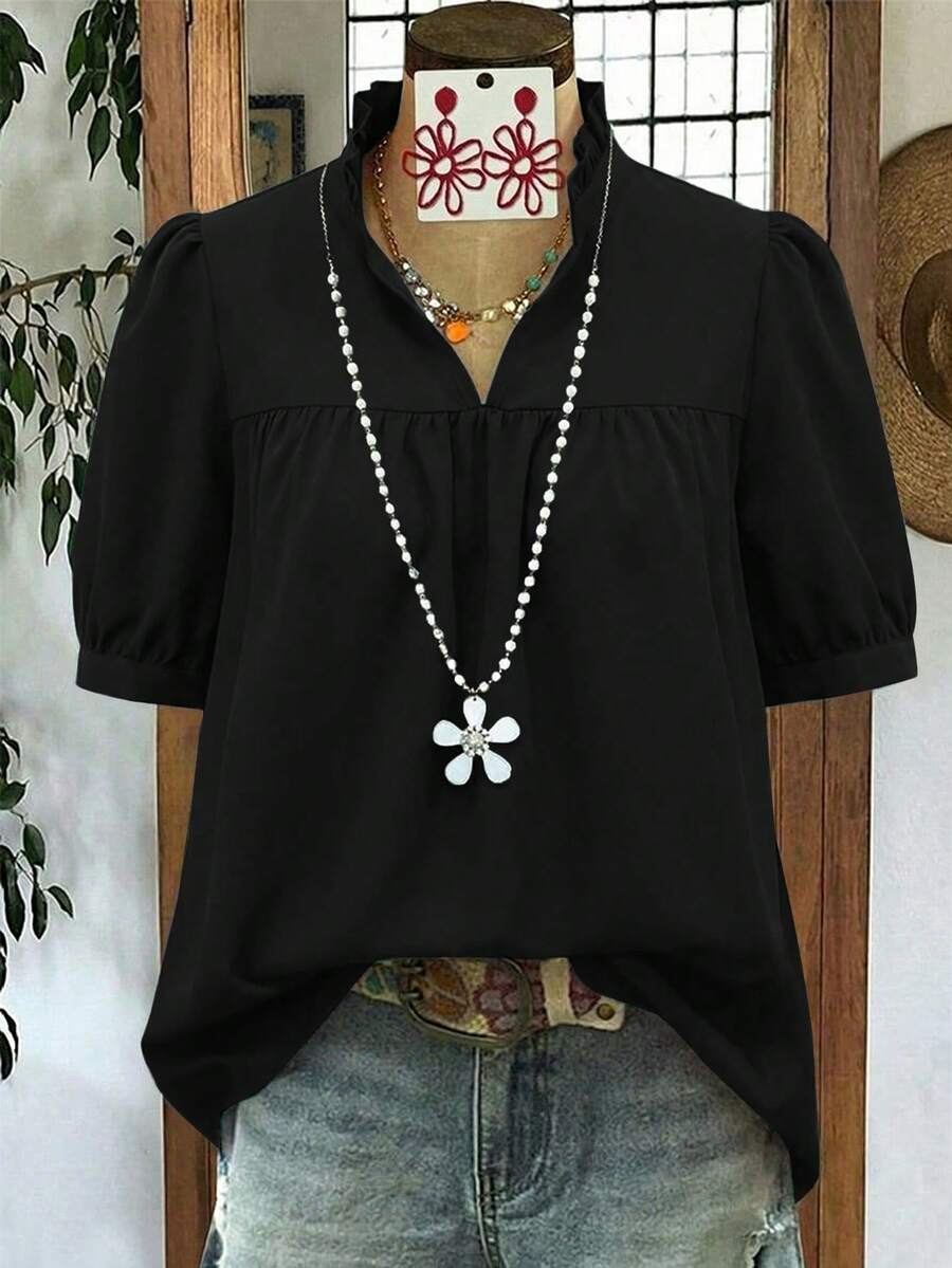 Linhara Plus Size Women Solid Color Versatile Minimalist Pleated Short Sleeve Blouse, Suitable For Spring - Black - View 1