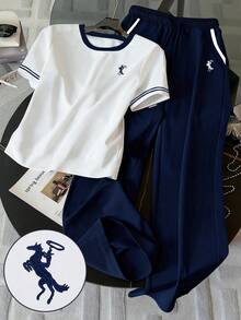Resyla Embroidered Minimalist Women's Round Neck Short Sleeve Top + Pants Set, Gift For Friends - Navy Blue - View 1