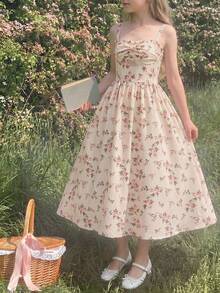 SHEIN 少女休闲优雅法式碎花荷叶边系腰连衣裙，适合春季外出、日常穿着、下午茶、母女装 - 杏色 - 查看 6