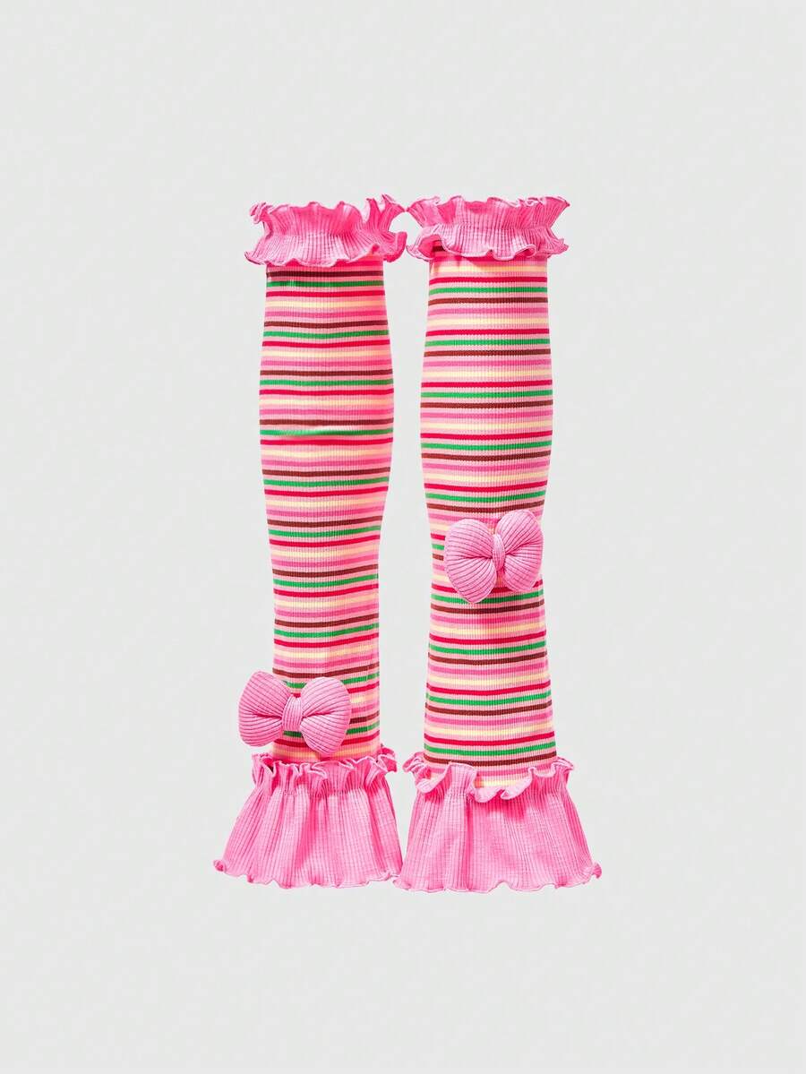 Anime 1 Pair Of Cute Style Colorful Leg Warmers, Spring And Summer Contrasting Stripes, Bows, Lace Stacking Socks, Leg Covers Suitable For Daily, Dating, And Party Wear - Rose powder - View 1