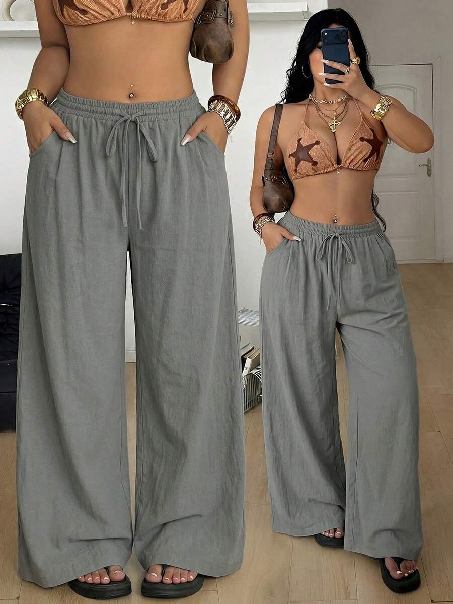 Coolane 大码休闲纯色阔腿裤 - 灰色 - 查看 1