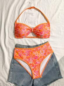 SHEIN Bộ bikini buộc cổ in họa tiết tối giản dành cho bé gái - Nhiều màu - Xem 4