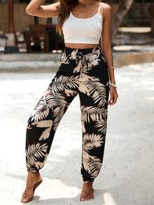 EMERY ROSE Plus Size Women Casual Tropical Print Paper Bag Waist Pants Fall - Multicolor - View 5