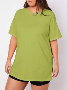 SHEIN BASICS 大码女式纯色圆领休闲百搭日常短袖T恤 - 綠色 - 查看 5
