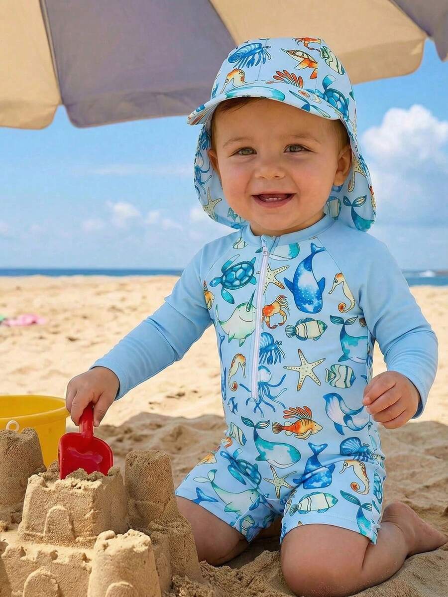 SHEIN GraphicGems Conjunto de traje de baño de manga larga para bebé niño con gorro de natación, traje de baño de una pieza para nadar, playa, piscina, juegos en el agua