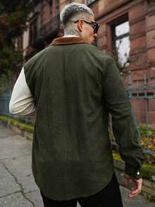 Artur Kramer Jaket Shacket Pria Berkerah Tegak dengan Kerah Tegak, Bahan Corduroy, Gaya Kasual untuk Pemakaian Sehari-hari, Musim Gugur - Coklat - View 2