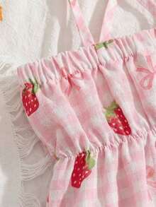 SHEIN Vintaside Kids 2件套女婴时尚可爱条纹露肩连体衣和发带套装，夏季派对 - 粉色 - 查看 5