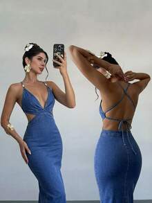 Firerie Đầm denim nữ hở lưng, thiết kế đan chéo, dây mảnh gợi cảm. - Màu xanh lam - Xem 9