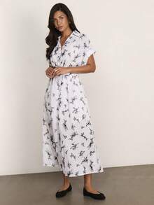 COSMINA Vestido de manga corta con estampado floral minimalista, escote en V con detalle en la cintura, sin mangas, con estampado floral negro, adecuado para uso diario, vestido minimalista casual, vestido de verano para mujer - Multicolor - Ver 4
