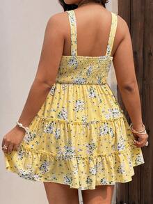 Sunnyshic Summer Camisole Strap Ditsy Floral Ruffle Hem Mini Dress - Yellow - View 2