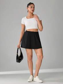 SHEIN Tall CURVE Váy quần dài nữ cỡ lớn, màu trơn, cạp chun, kiểu dáng thường ngày. - màu đen - Xem 5