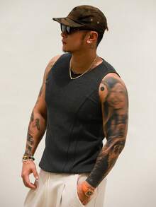 DAZY 男士纯色深灰色罗纹面料背心，夏季 - 深灰色 - 查看 4