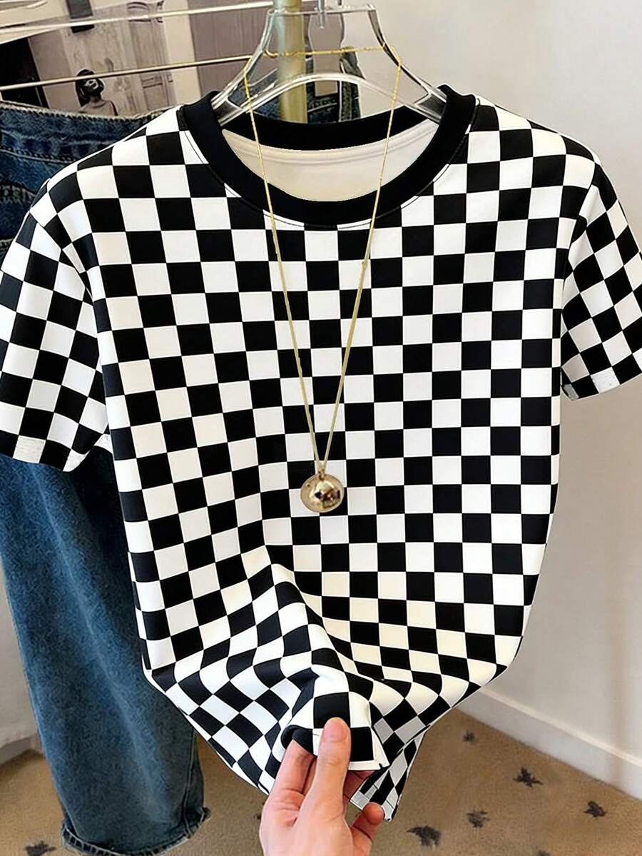 Franclia Women's Round Neck Checkered Casual Versatile Daily Wear Short Sleeve T-Shirt - White - View 1