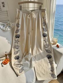 Comfortcana Quần nữ cỡ lớn in hình sao biển, cạp chun, kiểu dáng thường ngày. - Màu be - Xem 7