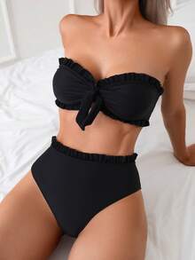 Swim Basics Conjunto de bikini de dos piezas con parte superior tipo bandeau con volantes y nudo delantero, traje de baño de unicolor negro para mujer - Negro - Ver 4