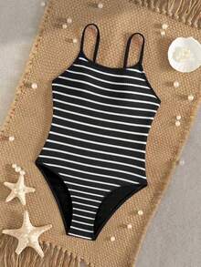 SHEIN Tween Girls Striped Wavy Knit Fabric One-Piece Swimsuit, Suitable For Summer Vacation & Beach - Black and White - View 1
