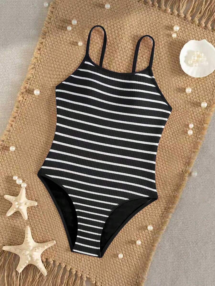 SHEIN Tween Girls Striped Wavy Knit Fabric One-Piece Swimsuit, Suitable For Summer Vacation & Beach - Black and White - View 1