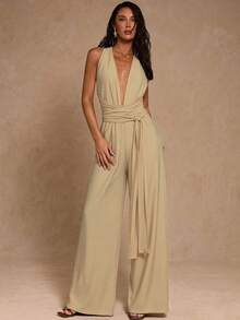 SHEIN Glamour 女士纯色深V领褶皱休闲连体裤 - 卡其色 - 查看 4