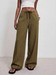 ATUI Studio Women's Green Brown Vertical Striped Loose-Fitting Trousers, With A Relaxed Straight Leg Design, Offering A Casual And Versatile Style. A Must-Have For Spring And Summer, Combining Comfort And Fashion, Perfect For Vacations And Casual Shopping, Offering Exceptional Practicality Wide Leg Striped Pants Wide Pants For Women - Khaki - View 5