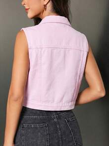 SHEIN Essnce Women's Summer Fashion Front Button Flap Pocket Sleeveless Denim Jacket - Pink - View 2