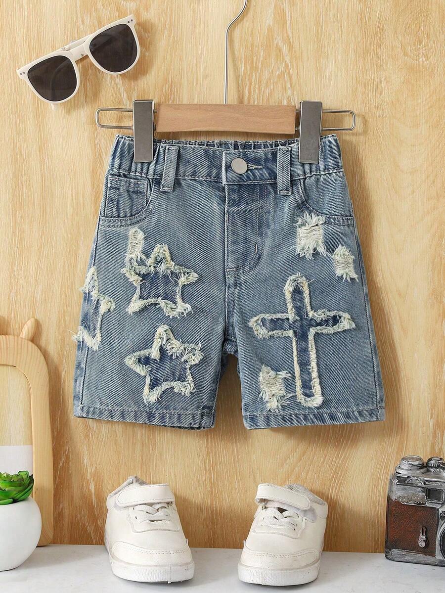 Baby Boys' Denim Shorts,Light Blue,Summer,Casual Soft Cotton Shorts With Star & Cross Embroidered,Elastic Waist Faux Chain,Collegiate Street Fashion - Light Wash - View 1